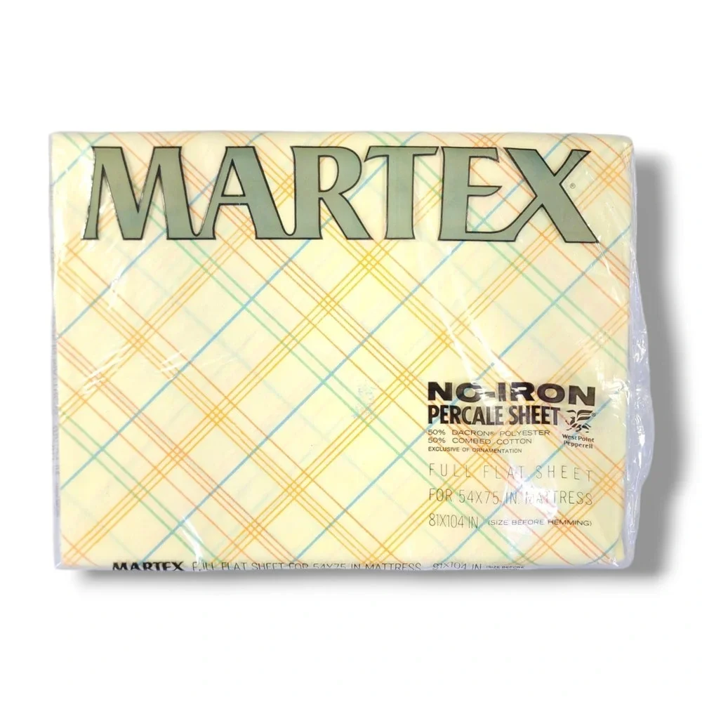 Vintage MARTEX Full Size No-Iron Percale 2-Flat Sheets 1-Pillowcase Yellow Plaid